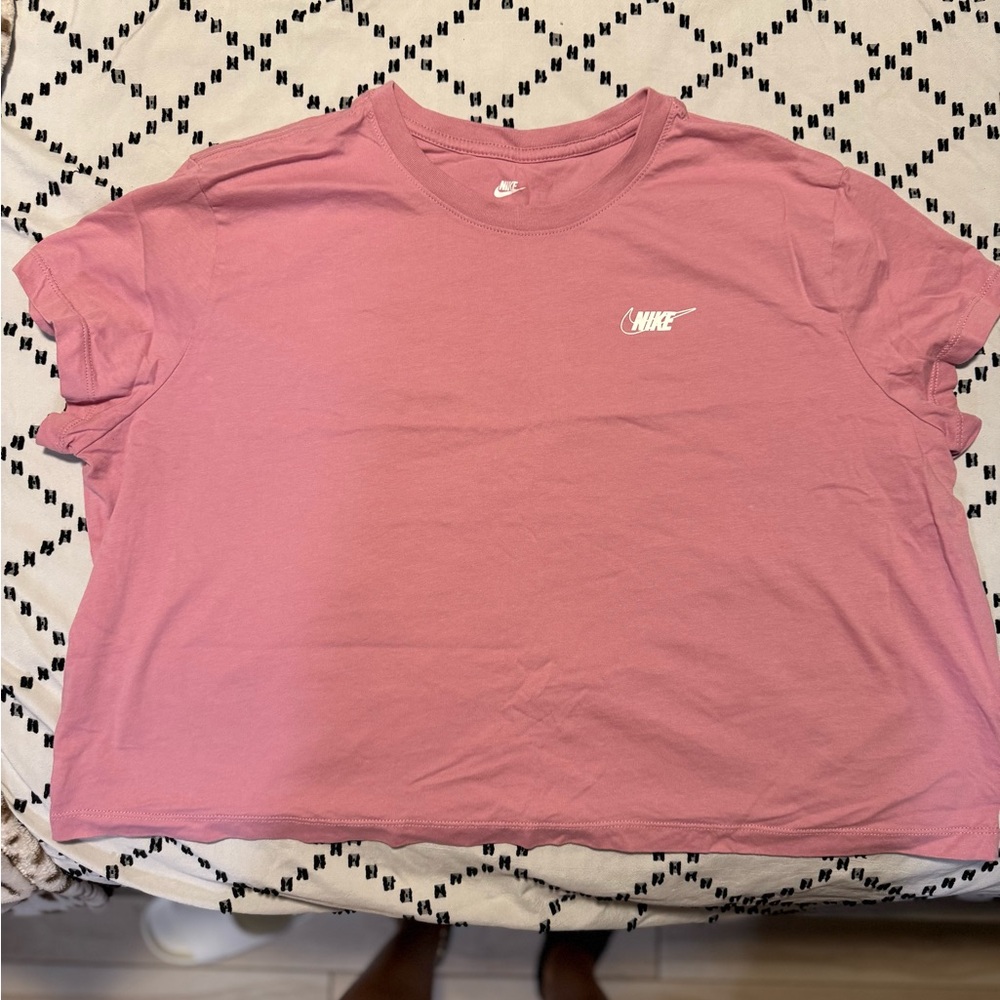 Nike Woman’s Pink Short Sleeve Crop Tee with White Logo